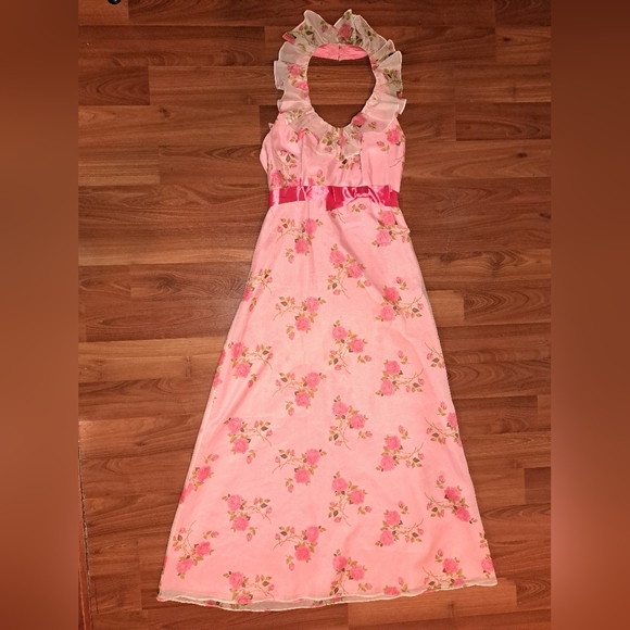 Funky Vintage Barbie Pink Floral Print Ruffle Collar Halter Prom Formal Dress - Picture 2 of 12